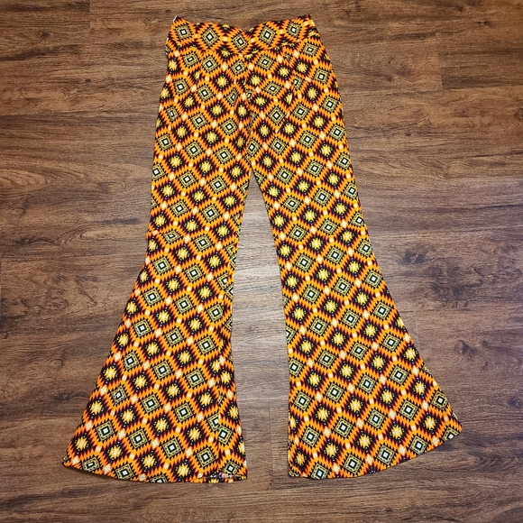Vintage Pants - Vintage 70s Orange Southwestern Print Bell Bottom Pants M